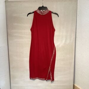carmen marc valvo dress 4 red studded slit holiday cocktail
